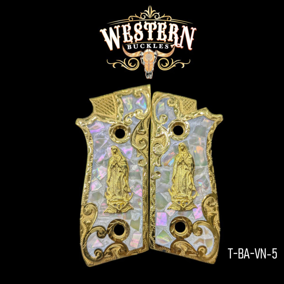 Virgin Mary Grips for Taurus PT92 — 24K Gold-Plated &amp; Silver-Plated with Pearl Resin