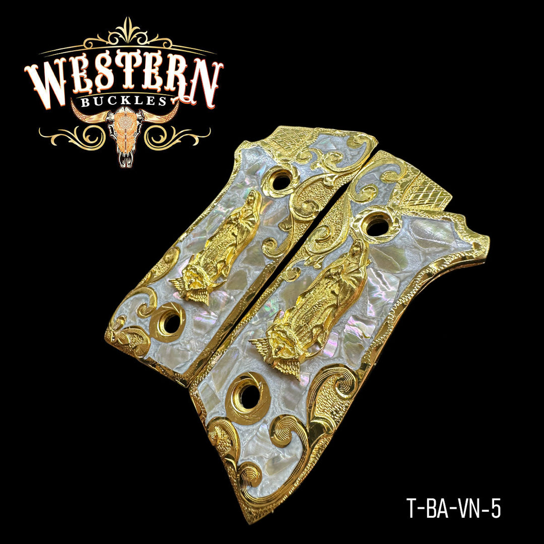 Virgin Mary Grips for Taurus PT92 — 24K Gold-Plated &amp; Silver-Plated with Pearl Resin
