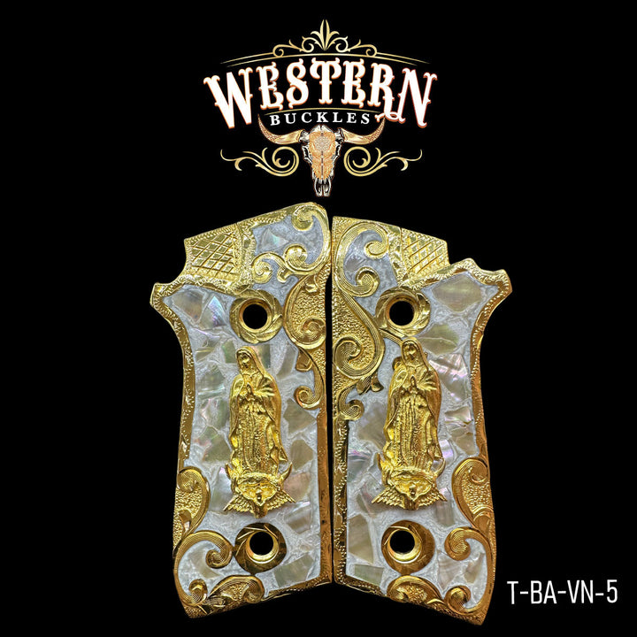 Virgin Mary Grips for Taurus PT92 — 24K Gold-Plated &amp; Silver-Plated with Pearl Resin