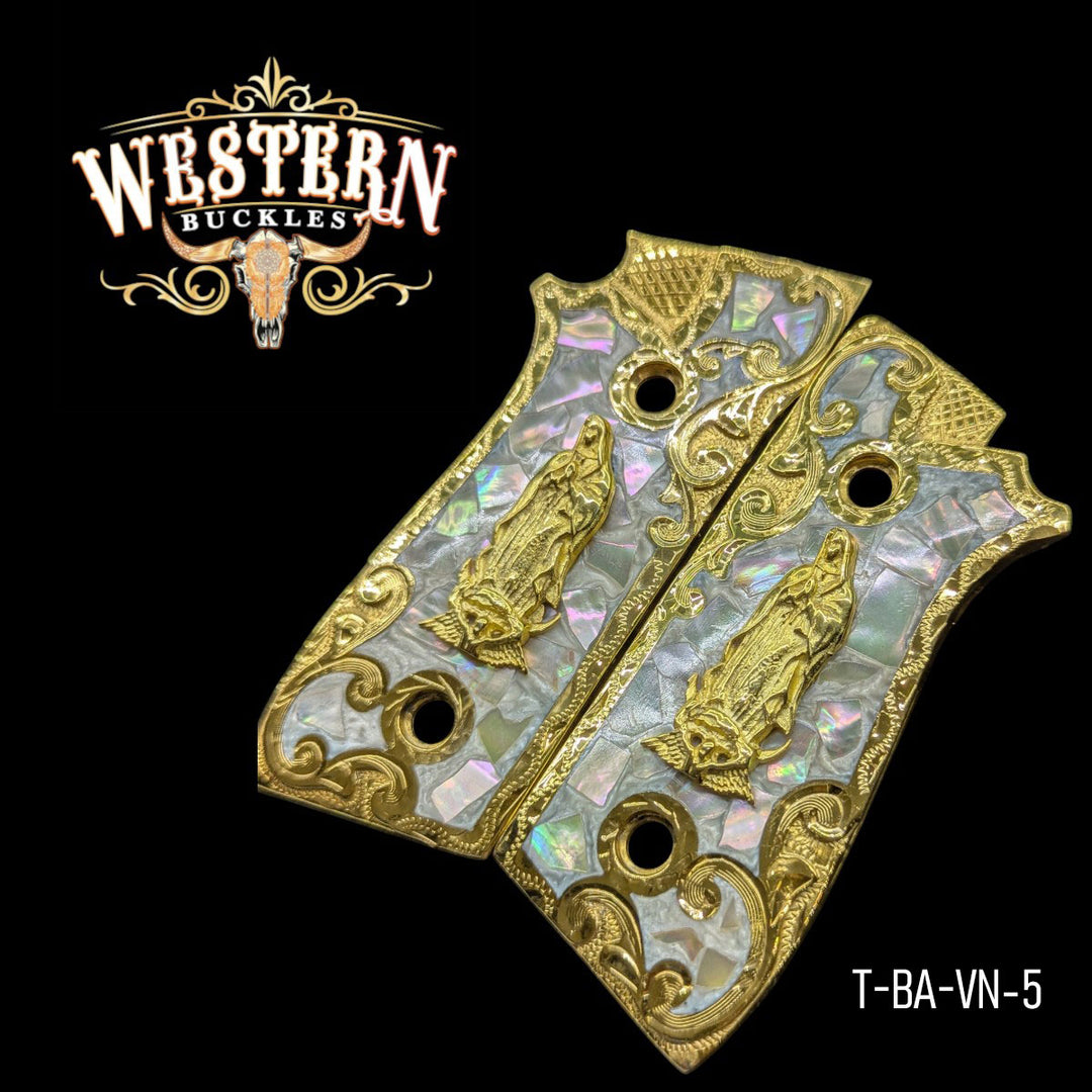 Virgin Mary Grips for Taurus PT92 — 24K Gold-Plated &amp; Silver-Plated with Pearl Resin