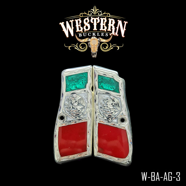Browning HP Mexican Flag Cachas — Artisan Resin | Handcrafted by Western Buckles | SKU W-BA-AG-3