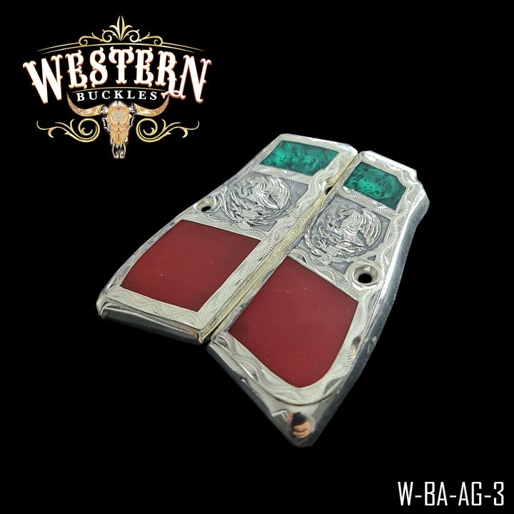 Browning HP Mexican Flag Cachas — Artisan Resin — Detail View | Western Buckles Handcrafted | SKU W-BA-AG-3