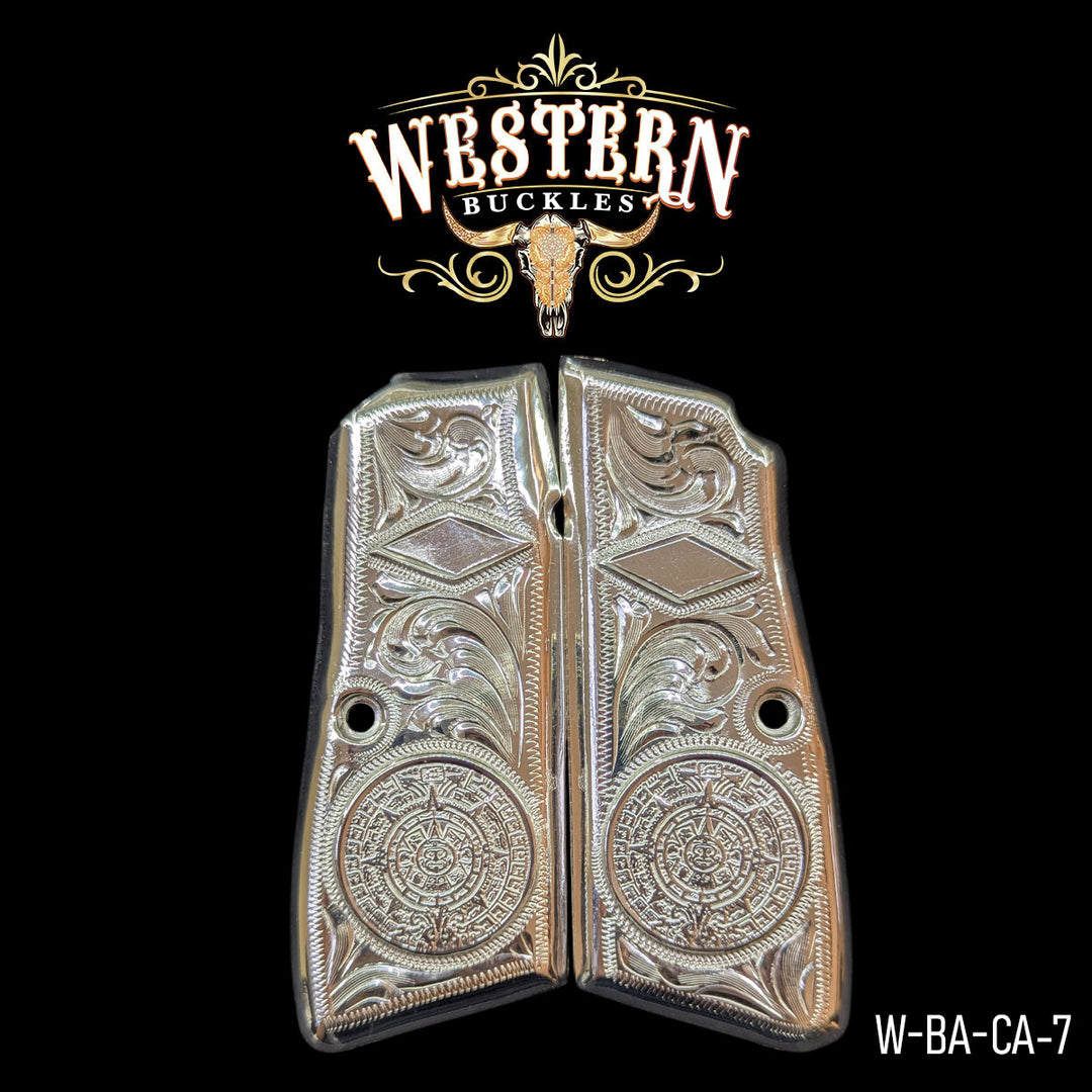 Browning HP Aztec Calendar Gun Grips — Hand-Engraved | .925 Silver Plated | Handcrafted by Western Buckles | SKU W-BA-CA-7
