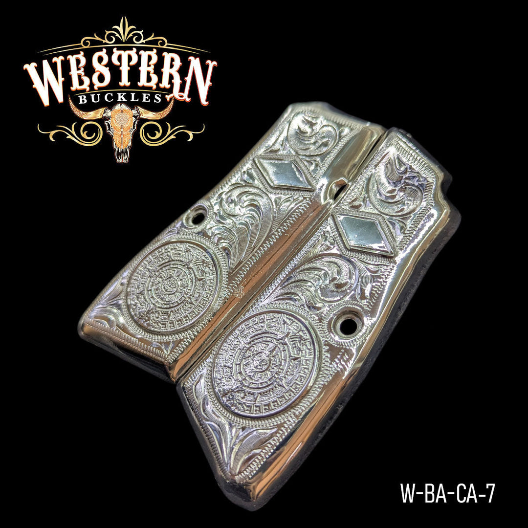 Browning HP Aztec Calendar Gun Grips — Hand-Engraved | .925 Silver Plated — Detail View | Western Buckles Handcrafted | SKU W-BA-CA-7