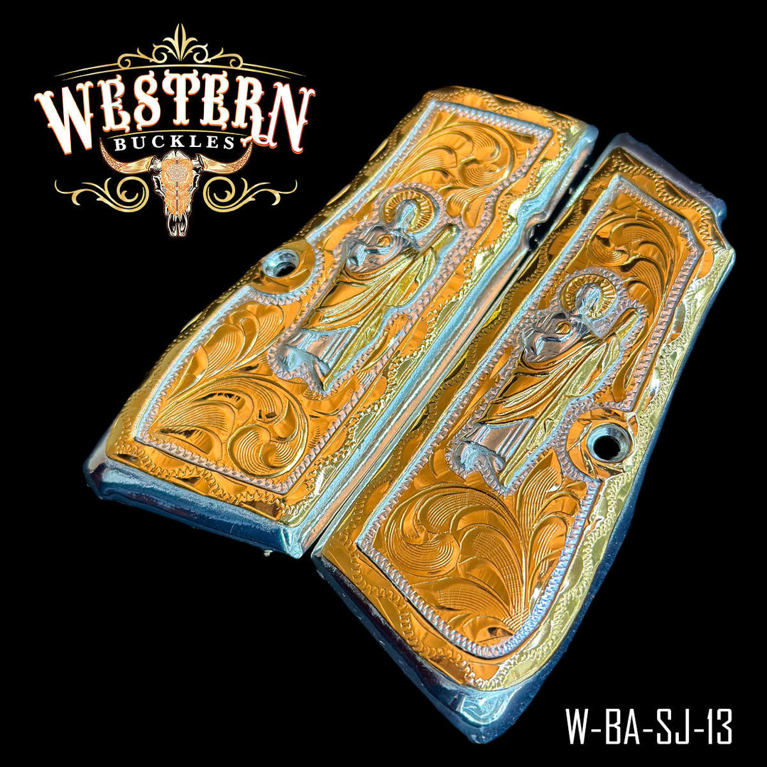 Browning HP San Judas Gun Grips — Detail View | Western Buckles Handcrafted | SKU W-BA-SJ-13