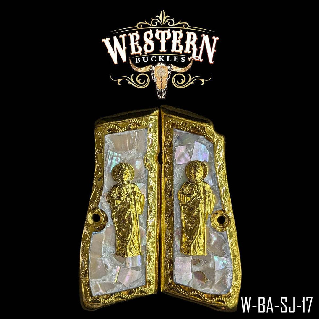 Gold and pearl Colt 1911 custom grips with saint figure, ornate Western style.