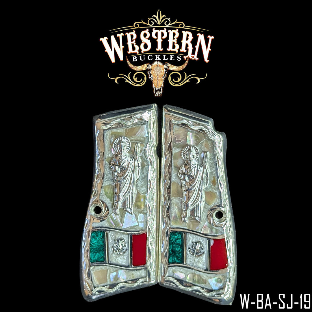 Browning HP Saint Jude Mexican Flag Gun Grips — .925 Silver Plated | Handcrafted by Western Buckles | SKU W-BA-SJ-19