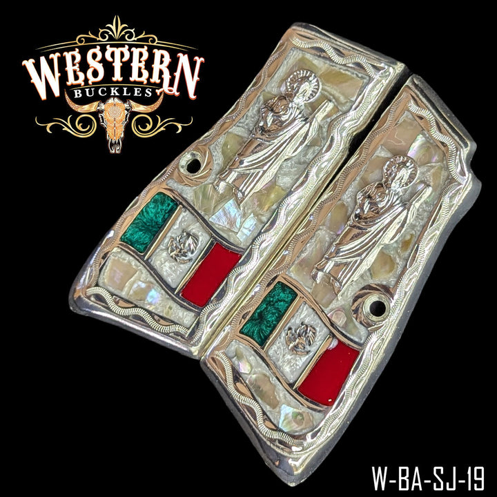 Browning HP Saint Jude Mexican Flag Gun Grips — .925 Silver Plated — Detail View | Western Buckles Handcrafted | SKU W-BA-SJ-19