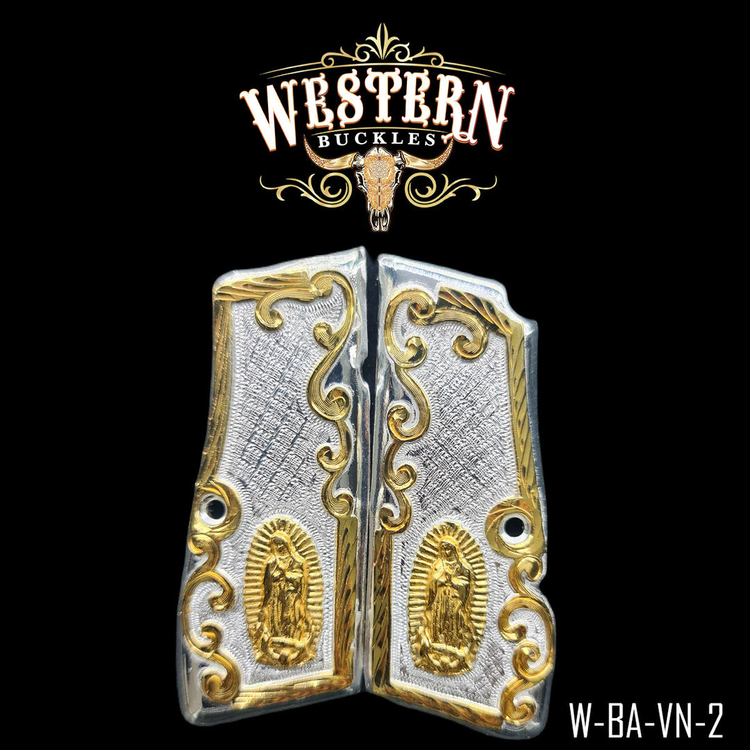 Browning HP Virgin of Guadalupe Cachas — Hand-Engraved | Handcrafted by Western Buckles | SKU W-BA-VN-2