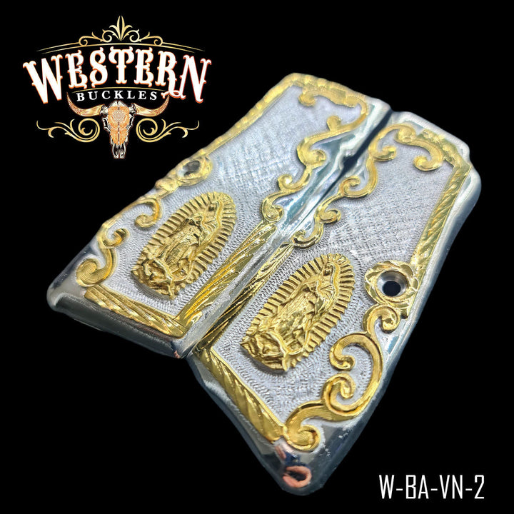 Browning HP Virgin of Guadalupe Cachas — Hand-Engraved — Detail View | Western Buckles Handcrafted | SKU W-BA-VN-2