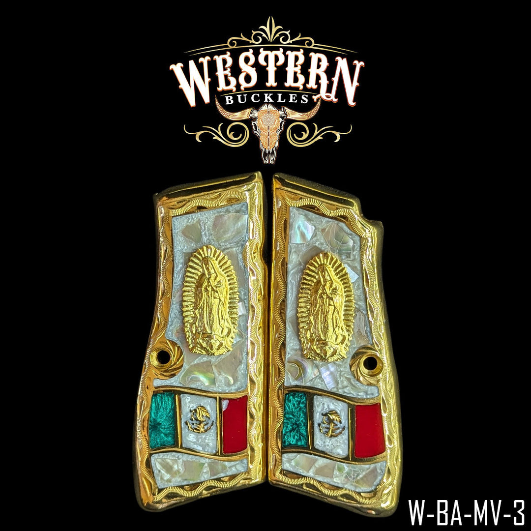 Browning HP Virgin of Guadalupe Mexican Flag Cachas | Handcrafted by Western Buckles | SKU W-BA-VN-3