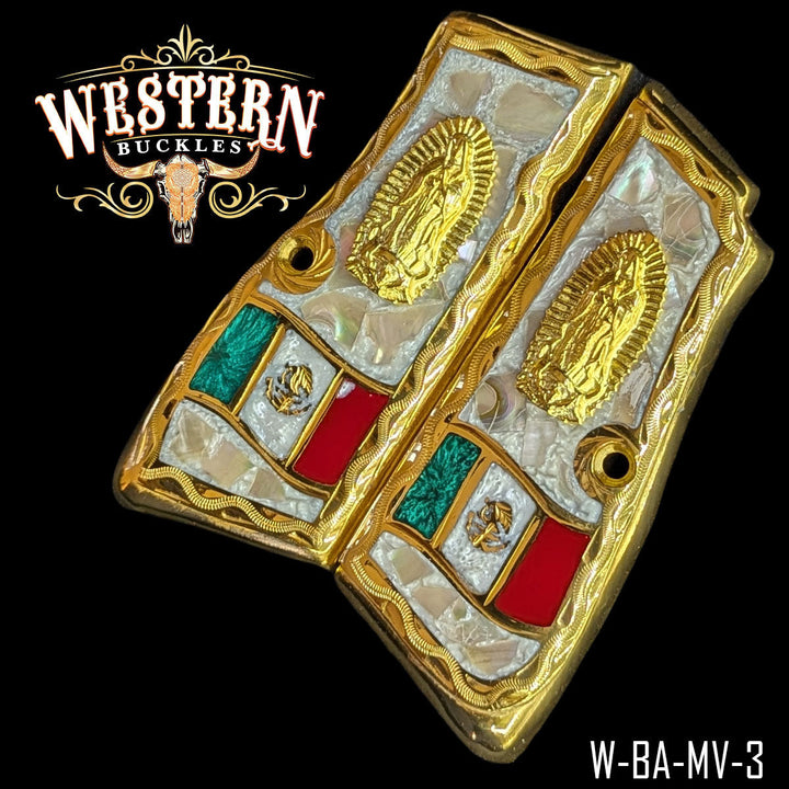 Browning HP Virgin of Guadalupe Mexican Flag Cachas — Detail View | Western Buckles Handcrafted | SKU W-BA-VN-3