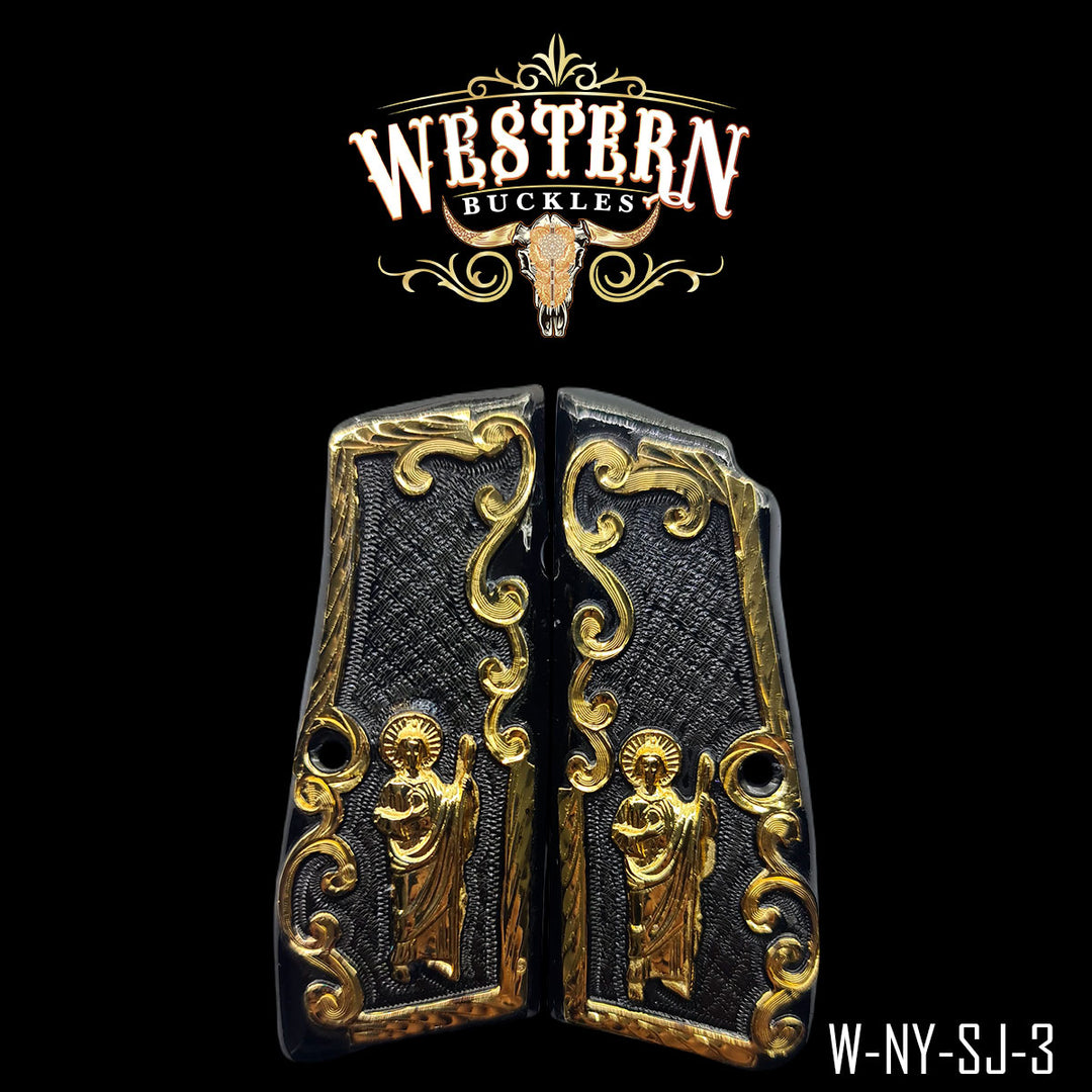Browning HP San Judas Gun Grips — Hand-Engraved | Handcrafted by Western Buckles | SKU W-NY-SJ-3