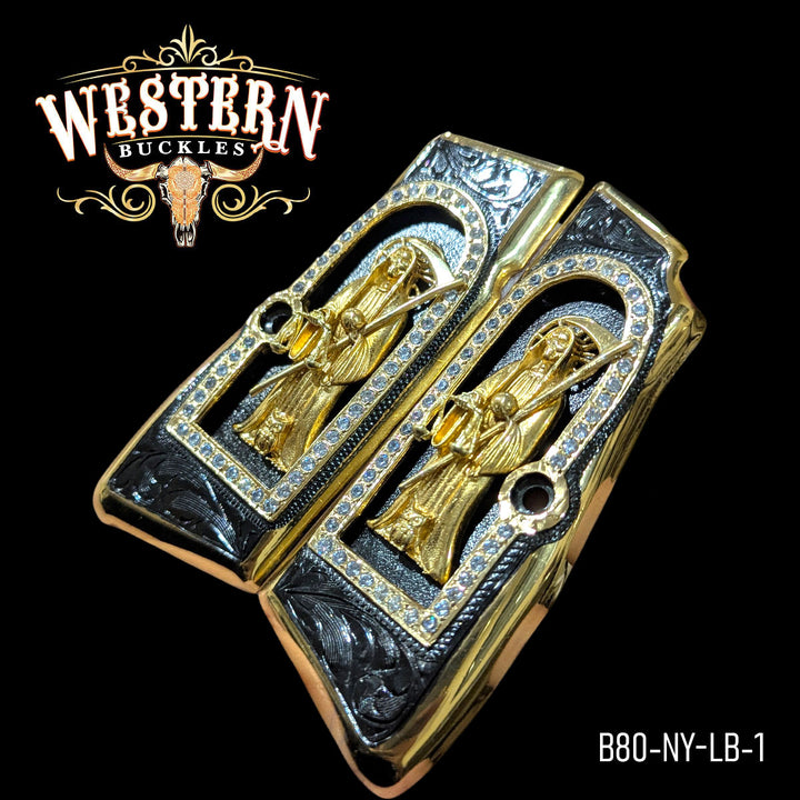 Browning HP Santa Muerte Gun Grips — Black Nickel — Detail View | Western Buckles Handcrafted | SKU W-NY-SM-4