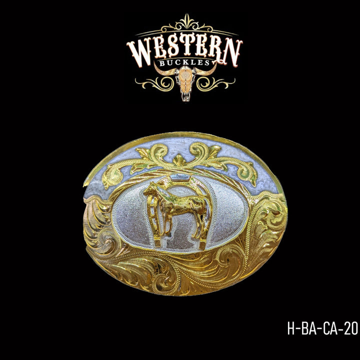 Western Belt Oval Horse In Gold and Gray Resin Buckles-The Western Buckles