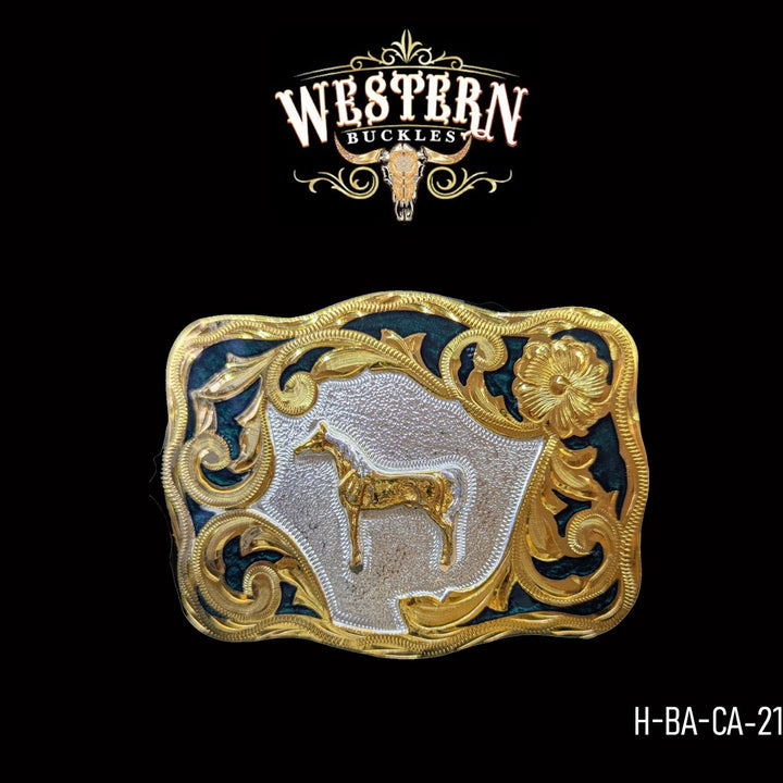 Western Belt Oval Horse In Gold and Green Resin Buckles-The Western Buckles