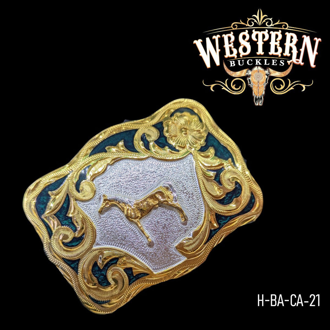 Western Belt Oval Horse In Gold and Green Resin Buckles-The Western Buckles