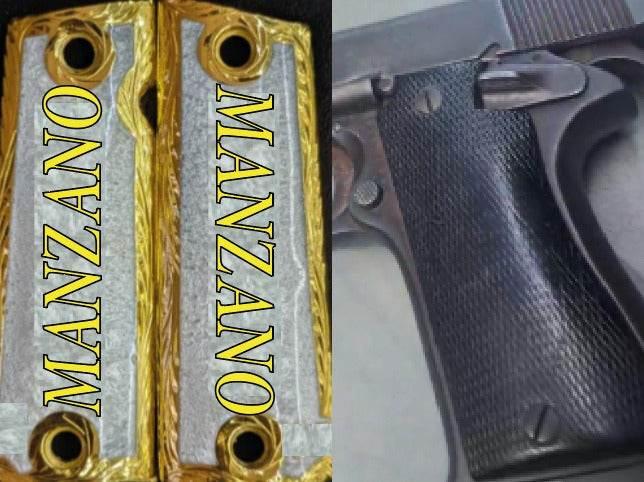 Custom pistol grips for Colt 1911, engraved metal and black textured options side by side