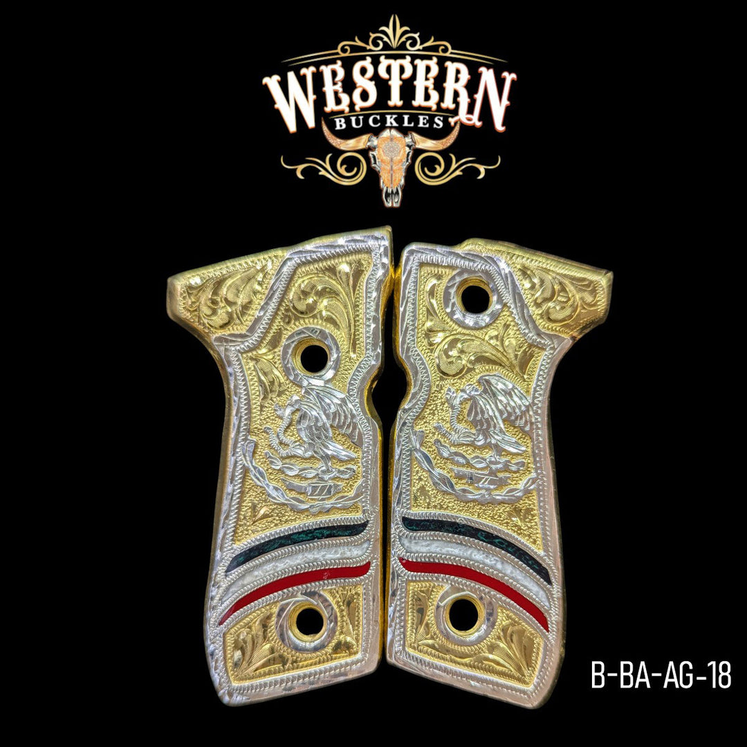 Águila (Mexican Eagle) Custom Grips for Beretta 92FS — 24K Gold-Plated & Silver-Plated with Artisan Resin