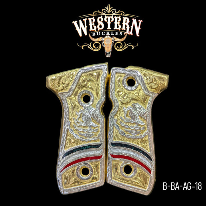 Águila (Mexican Eagle) Custom Grips for Beretta 92FS — 24K Gold-Plated &amp; Silver-Plated with Artisan Resin
