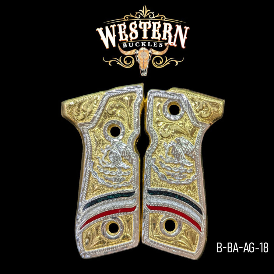 Águila (Mexican Eagle) Custom Grips for Beretta 92FS — 24K Gold-Plated & Silver-Plated with Artisan Resin