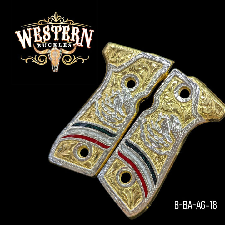 Águila (Mexican Eagle) Custom Grips for Beretta 92FS — 24K Gold-Plated &amp; Silver-Plated with Artisan Resin