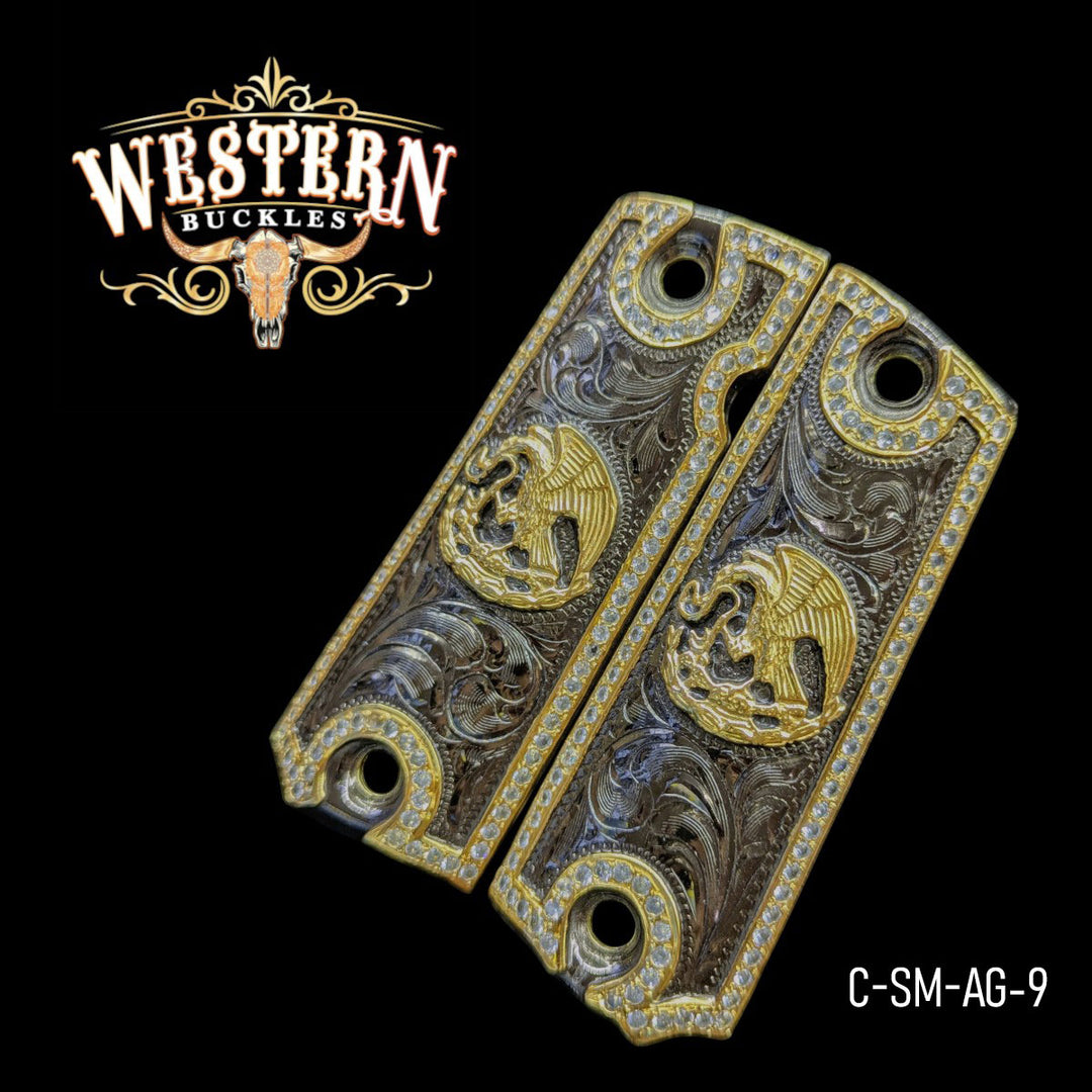 Águila (Mexican Eagle) Custom Grips for Colt 1911 Full-Size — 24K Gold-Plated &amp; Black Nickel with Zirconia Stones