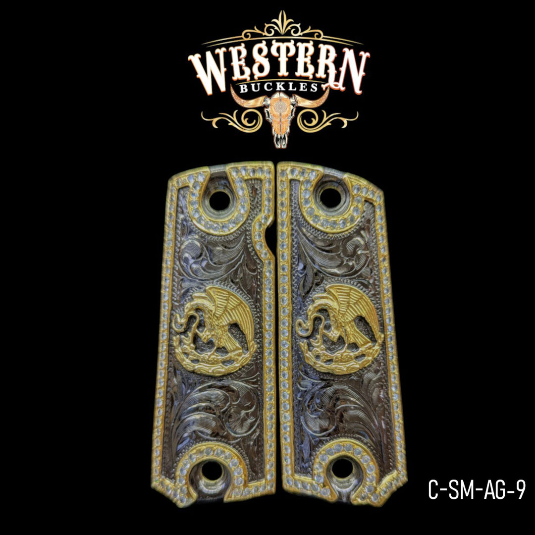 Águila (Mexican Eagle) Custom Grips for Colt 1911 Full-Size — 24K Gold-Plated &amp; Black Nickel with Zirconia Stones