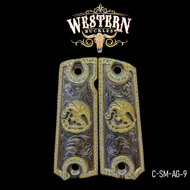 Águila (Mexican Eagle) Custom Grips for Colt 1911 Full-Size — 24K Gold-Plated &amp; Black Nickel with Zirconia Stones
