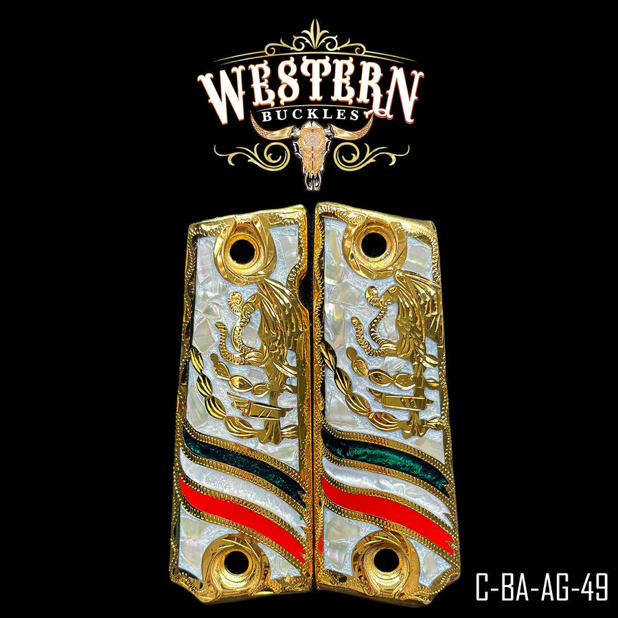Águila (Mexican Eagle) Custom Grips for Colt 1911 Full-Size — 24K Gold-Plated with Mother-of-Pearl & Artisan Resin