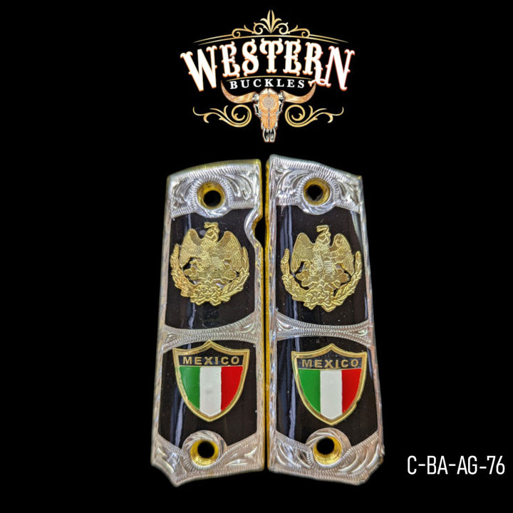 Águila (Mexican Eagle) Custom Grips for Colt 1911 Full-Size — Silver-Plated with Black Artisan Resin