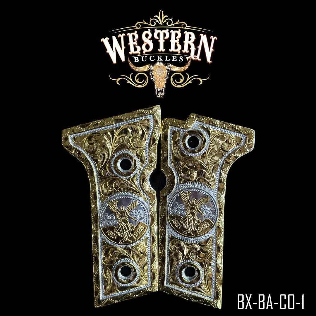 Ornate 1911 pistol grips with gold scrollwork and silver coin inlays on black background