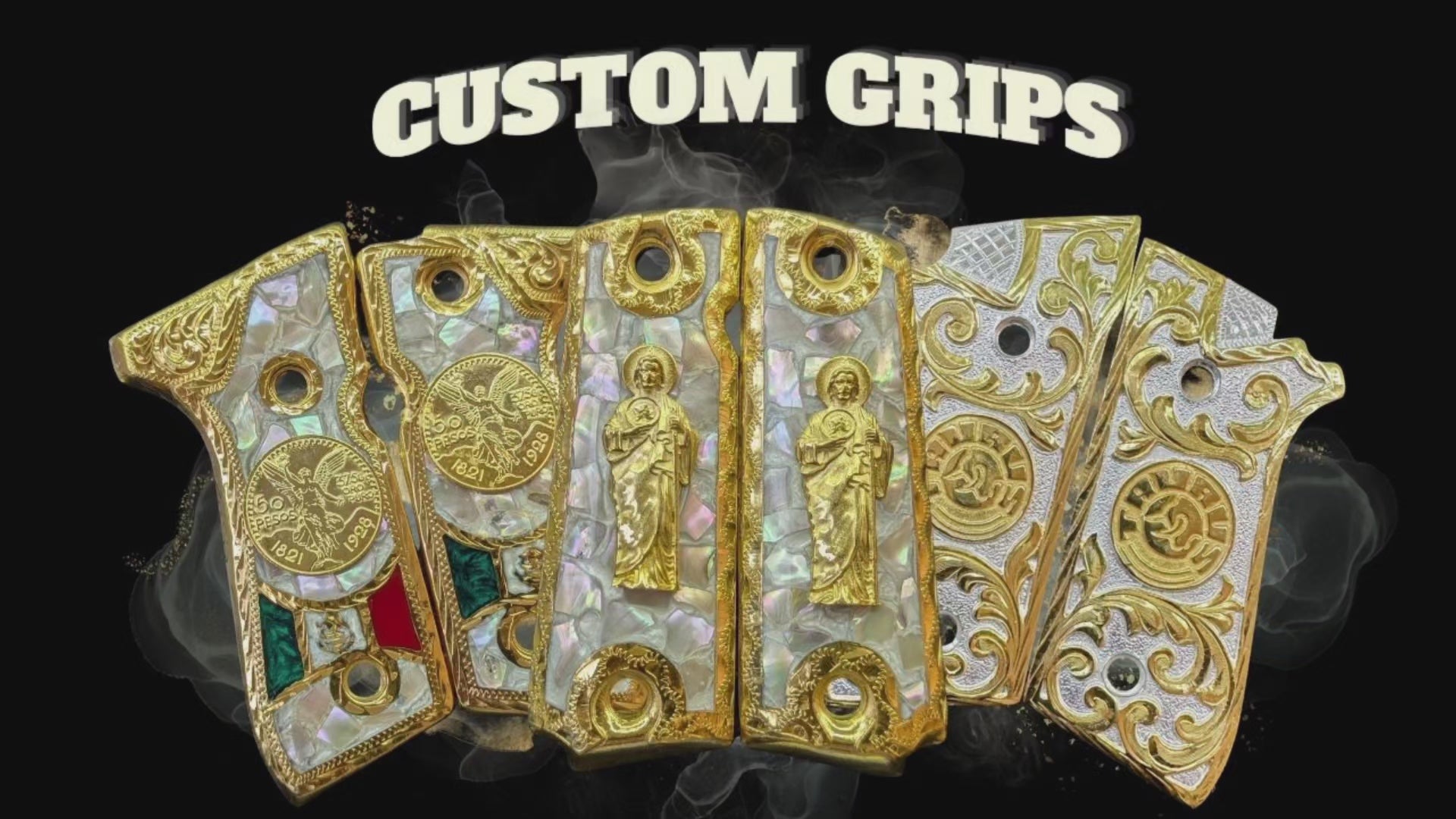 Load video: Custom handcrafted gun grips in 24K gold and mother of pearl – Western Buckles Co.
