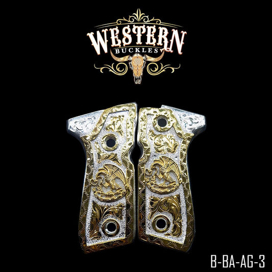 Engraved gold and silver Colt 1911 pistol grips with eagle motif on black background