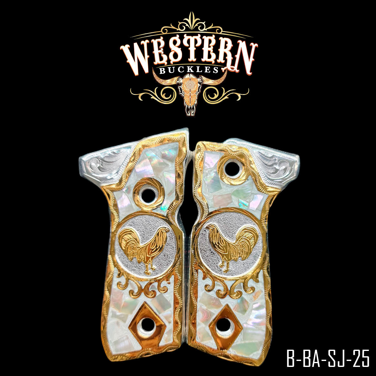 Custom Colt 1911 pistol grips with gold rooster inlay, mother-of-pearl and engraved details