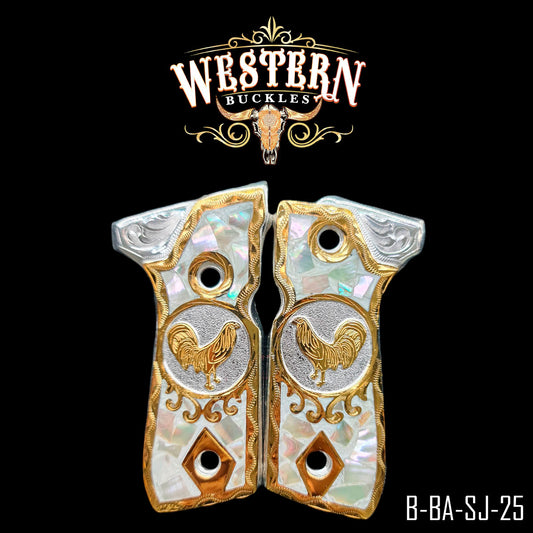 Custom Colt 1911 pistol grips with gold rooster inlay, mother-of-pearl and engraved details