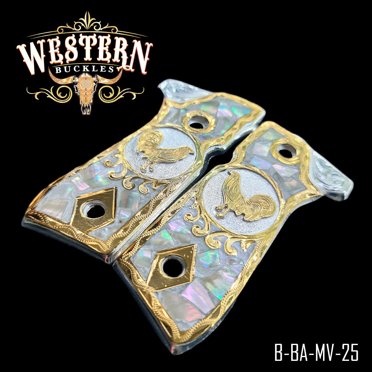 Custom Colt 1911 grips with gold rooster, abalone inlay, engraved western pistol accessory.