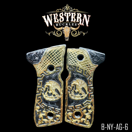 Gold and black engraved Colt 1911 pistol grips with eagle design, custom gun grip accessories.