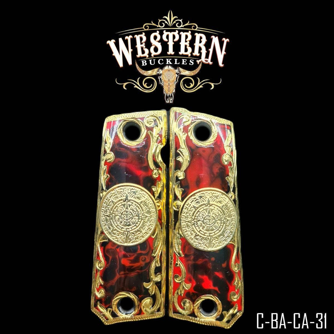 Red and gold custom pistol grips with Aztec calendar design for Colt 1911.