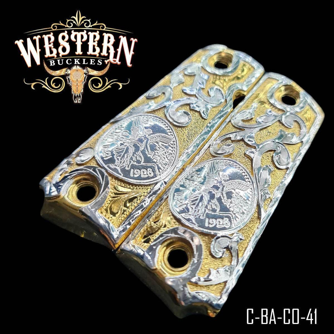 Engraved metallic Colt 1911 pistol grips with gold and silver Western coin design, model C-BA-CO-41.