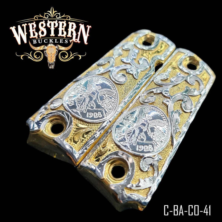 Engraved metallic Colt 1911 pistol grips with gold and silver Western coin design, model C-BA-CO-41.