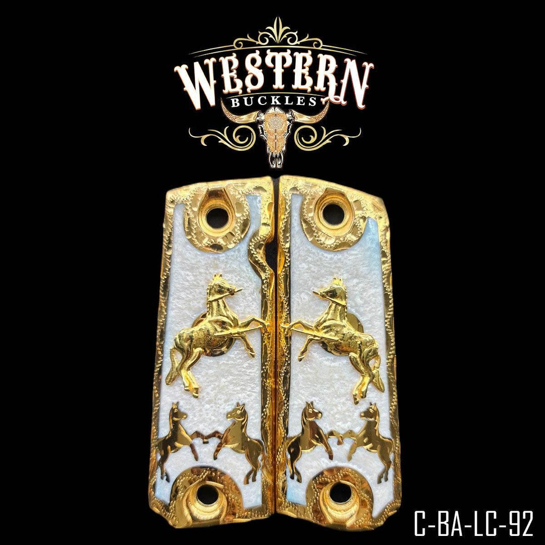 Gold and white Colt 1911 pistol grips with horse design, custom western gun accessory