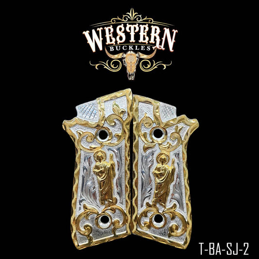 Cacha Taurus San Judas Rameada Oro y Plata - Western Buckles